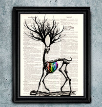 Load image into Gallery viewer, Dissonance - Rainbow Deer Skeleton Art print on Japanese Unryu, Map, Dictionary Page or any Specialty paper of your choice.