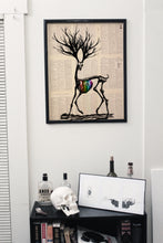 Load image into Gallery viewer, Dissonance - Rainbow Deer Skeleton Art print on Japanese Unryu, Map, Dictionary Page or any Specialty paper of your choice.