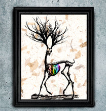 Load image into Gallery viewer, Dissonance - Rainbow Deer Skeleton Art print on Japanese Unryu, Map, Dictionary Page or any Specialty paper of your choice.