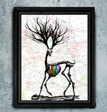 Load image into Gallery viewer, Dissonance - Rainbow Deer Skeleton Art print on Japanese Unryu, Map, Dictionary Page or any Specialty paper of your choice.