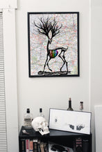 Load image into Gallery viewer, Dissonance - Rainbow Deer Skeleton Art print on Japanese Unryu, Map, Dictionary Page or any Specialty paper of your choice.
