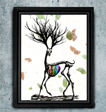 Load image into Gallery viewer, Dissonance - Rainbow Deer Skeleton Art print on Japanese Unryu, Map, Dictionary Page or any Specialty paper of your choice.