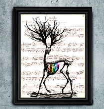 Load image into Gallery viewer, Dissonance - Rainbow Deer Skeleton Art print on Japanese Unryu, Map, Dictionary Page or any Specialty paper of your choice.