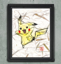 Load image into Gallery viewer, Pika! - Pikachu Pokemon Art print on Japanese Unryu, Map, Dictionary Page or any Specialty paper of your choice.