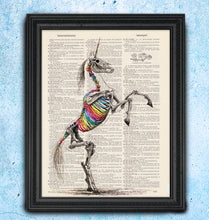 Load image into Gallery viewer, Rainbones - Rainbow Unicorn Skeleton Art print on Japanese Unryu, Map, Dictionary Page or any Specialty paper of your choice.