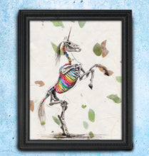 Load image into Gallery viewer, Rainbones - Rainbow Unicorn Skeleton Art print on Japanese Unryu, Map, Dictionary Page or any Specialty paper of your choice.
