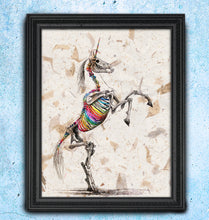 Load image into Gallery viewer, Rainbones - Rainbow Unicorn Skeleton Art print on Japanese Unryu, Map, Dictionary Page or any Specialty paper of your choice.