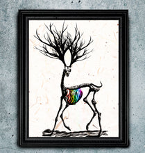 Load image into Gallery viewer, Dissonance - Rainbow Deer Skeleton Art print on Japanese Unryu, Map, Dictionary Page or any Specialty paper of your choice.
