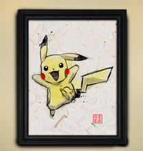 Load image into Gallery viewer, Pika! - Pikachu Pokemon Art print on Japanese Unryu, Map, Dictionary Page or any Specialty paper of your choice.
